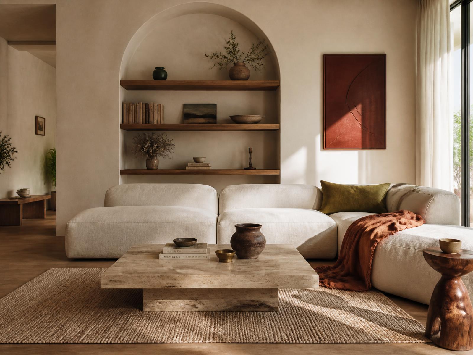 Sala de estar com luz natural, sofá de linho, mesa de travertino e nicho em arco